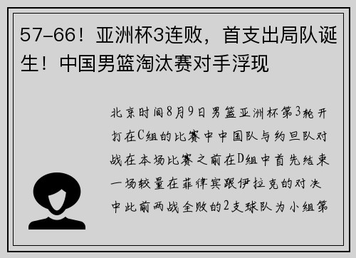 57-66！亚洲杯3连败，首支出局队诞生！中国男篮淘汰赛对手浮现